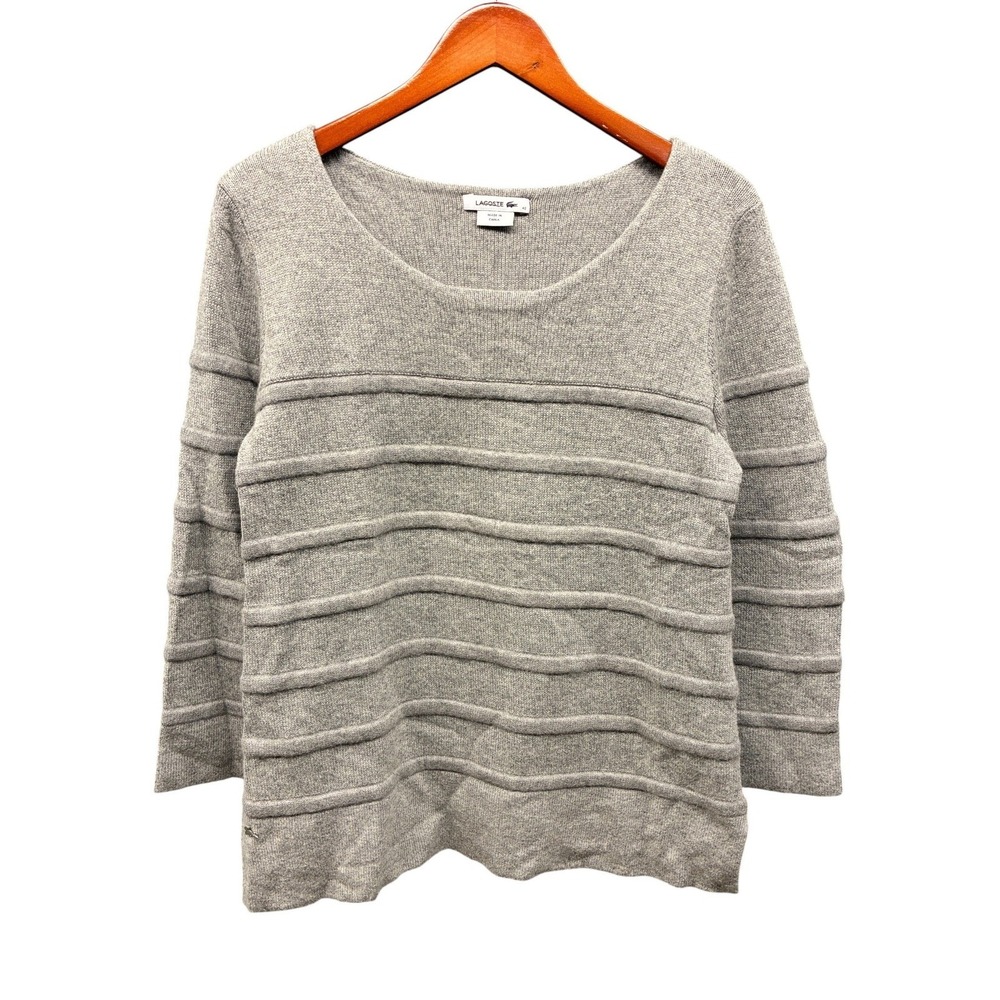 Lacoste Sweater Scoop Neck Women's 42 Gray Ribbed Stripe Long Sleeve Preppy